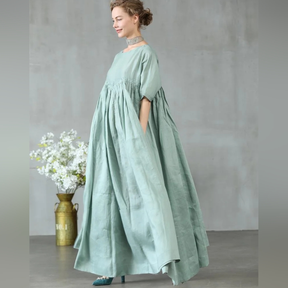 Linennaive Maxi Linen Dress in Aqua in size S/M